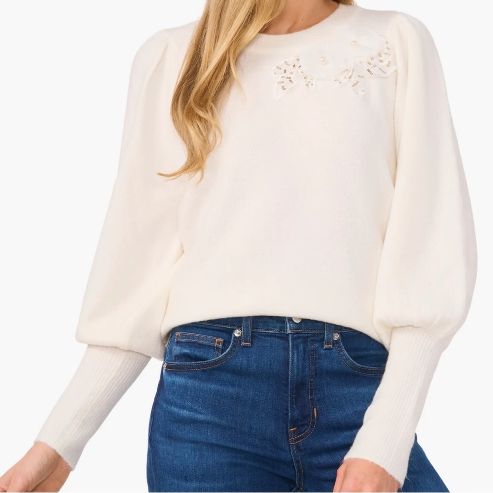 CeCe Cream Sweater with Floral Embellishment